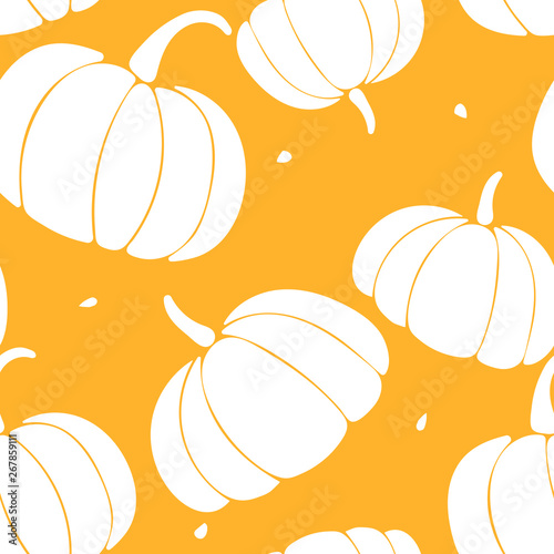 Seamless pattern with cinderella pumpkins. White silhouette on orange backdrop.