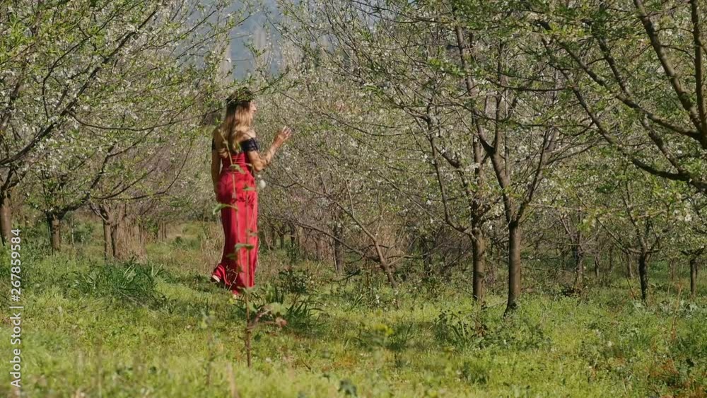 Young beautiful woman in long dress walking in spring blossom garden Young beautiful woman in long dress walking in spring blossom garden