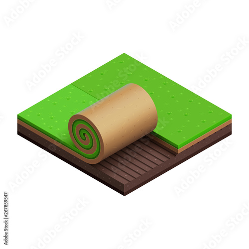 Green grass turf roll. Vector isometric icon. Cut of brown soil. Square plot of land. Summer lawn. Small piece of garden. Half unrolled sod over   loosened ground. Isolated object. Symbol of gardening