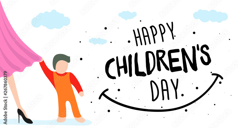 Happy Children Day greeting card, banner or poster. Little child clings to mom dress. World family holiday event design. Vector illustration with beautiful woman and kid