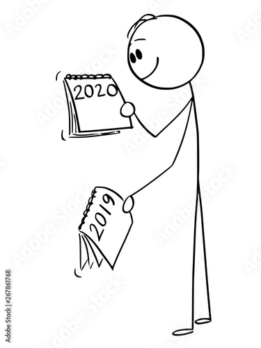 Vector cartoon stick figure drawing conceptual illustration of man or businessman looking at calendar how the year 2019 is changing in 2020.