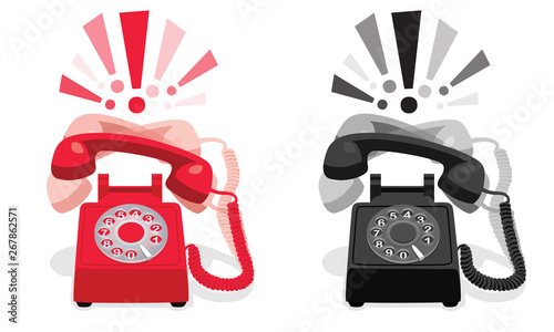 Ringing stationary phone with rotary dial and with exclamation marks