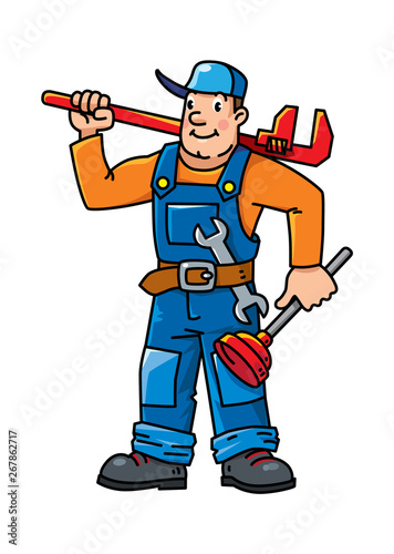 Funny plumber or repairman with the tools