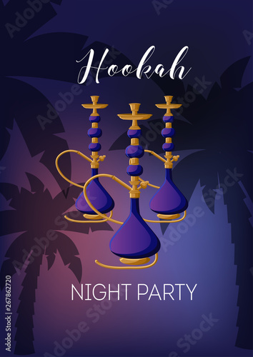 Hookah night party poster template with hookah, text, palm trees on dark sky sunset background.