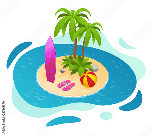 Isometric surfboards on a paradise island with palms. Summertime with a surfboard, ball on the beach.