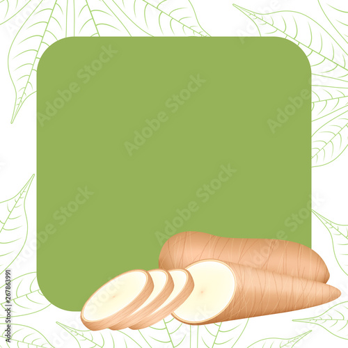 banner frame of cassava fresh for copy space, cassava cut slice for tapioca flour industry or ethanol, pile yucca cassava tuber on frame, raw manioc cassava on template banner green background empty