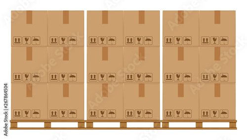 crate boxes on wooded pallet, wood pallet with cardboard box in factory warehouse storage, flat style warehouse cardboard parcel boxes stack, packaging cargo, 3d boxes brown isolated on white