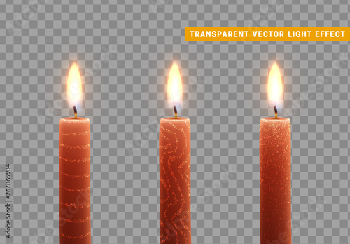 Candles burn with fire. Set of paraffin candles realistic isolated on transparent background.