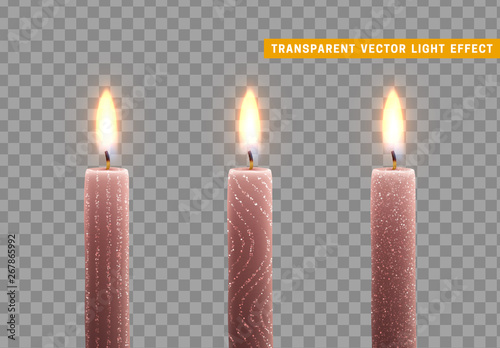 Candles burn with fire. Set of paraffin candles realistic isolated on transparent background.