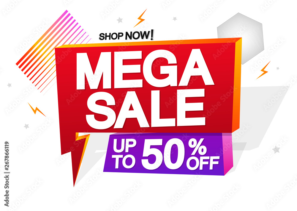 Mega Sale, speech bubble banner design template, up to 50% off, flash discount tag, vector illustration
