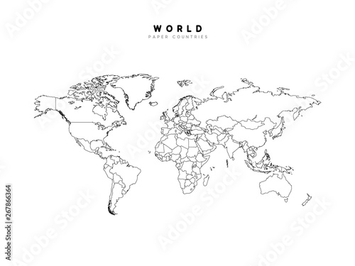 World map detailed Contour, Isolated on white background.