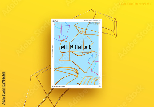 Abstract minimal background. Geometric 3d shapes. Modern poster Design Art composition realistic metal golden objects. yellow and blue color