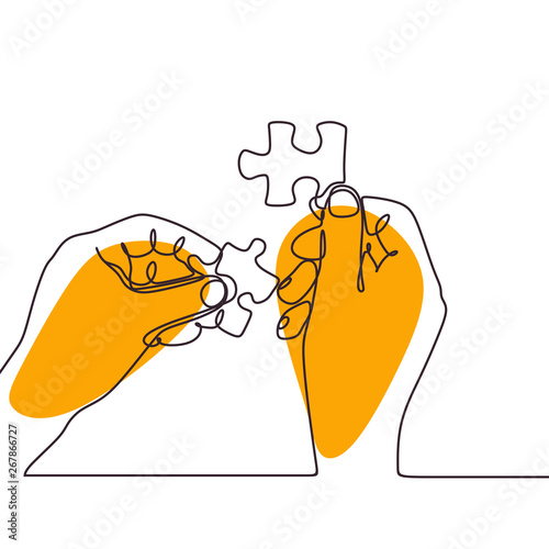 continuous one line drawing of hands solving jigsaw puzzle minimalist design