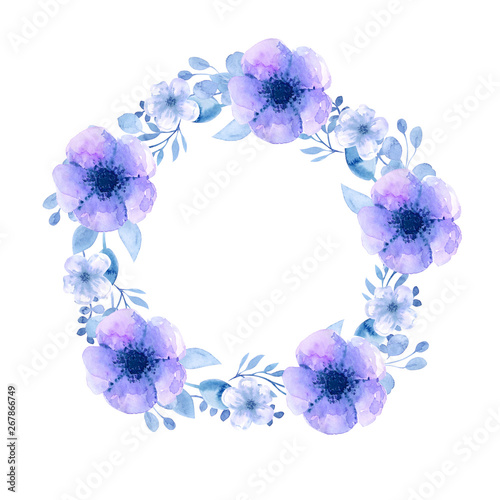 Frame wreath with flowers of cherry, apple, almond, sakura.Watercolor drawing by hand. Blue watercolor flowers, and twigs collected in the wedding composition