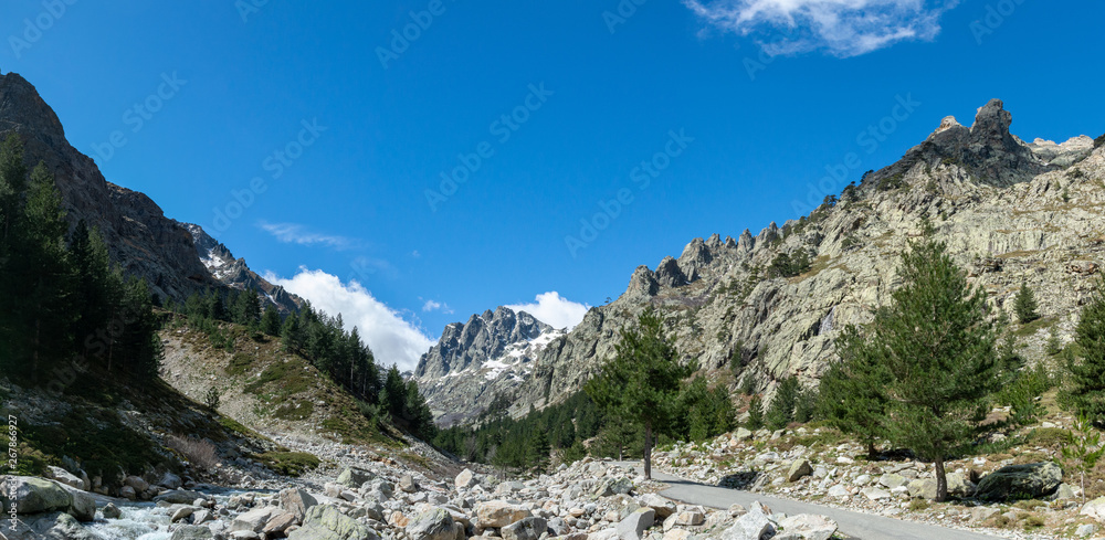 Trekking in the Gorge of Restonica, pine, rock and valley a Typical landscape of the Corsica mountains, France.