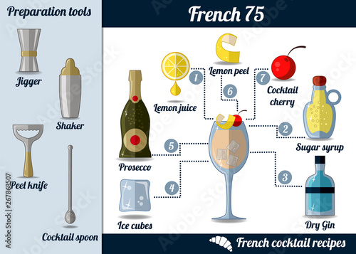 French 75 cocktail. Infographic set, recipe illustration.