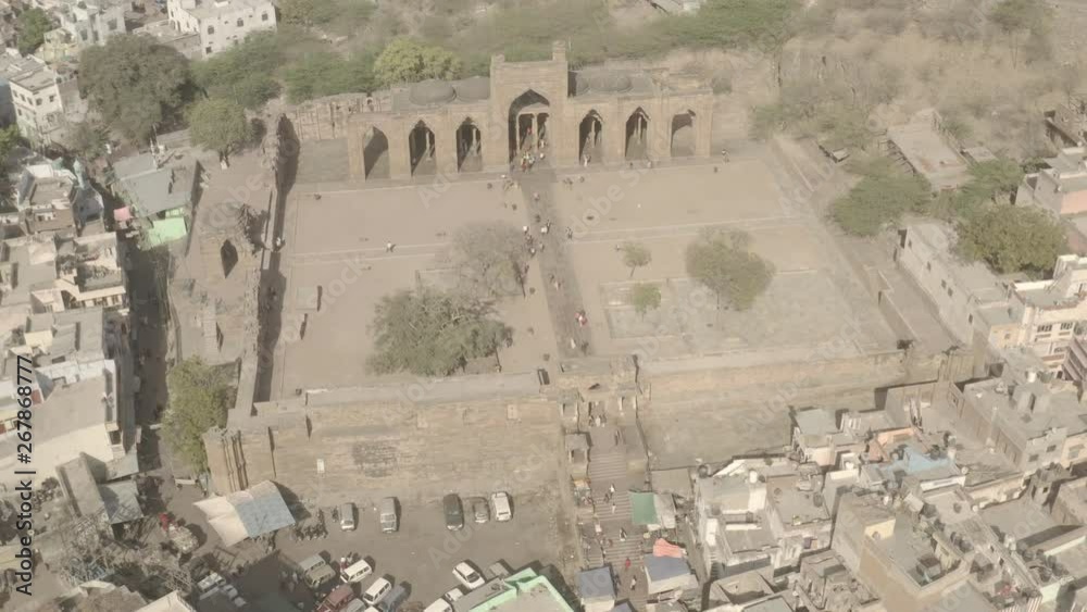 Ancient ruins Adhai din ka jhopra, Ajmer, India, 4k aerial, ungraded