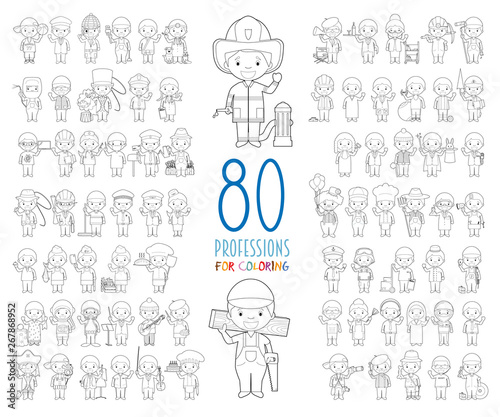 Kids Vector Characters Collection: Set of 80 different professions for coloring in cartoon style.