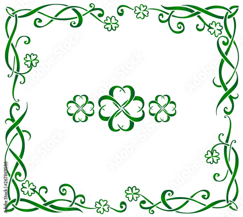 Green hand drawn ornate vector Celtic frame with triskels and four-leaf clovers