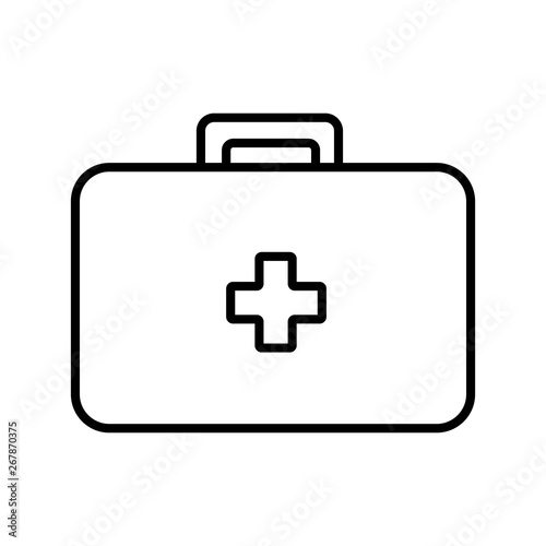 Medical rectangular first-aid kit with medicines, briefcase for first aid, simple black and white icon on a white background. Vector illustration
