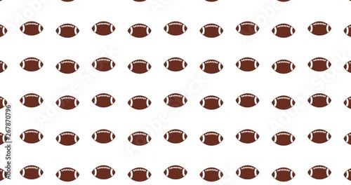 Football themed background video clip motion backdrop video in a seamless repeating loop. Illustrated brown color American football icon sports pattern white background high definition motion video