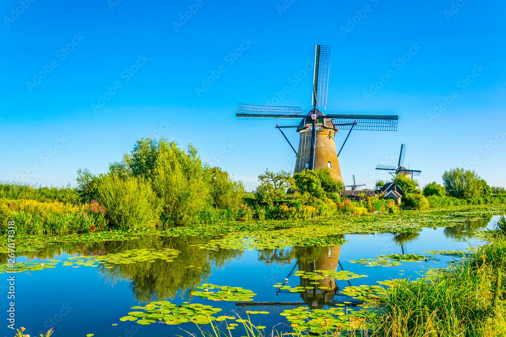 Kinderdijk windmills viewed during sunny summer day, Rotterdam, Netherlands - obrazy, fototapety, plakaty 
