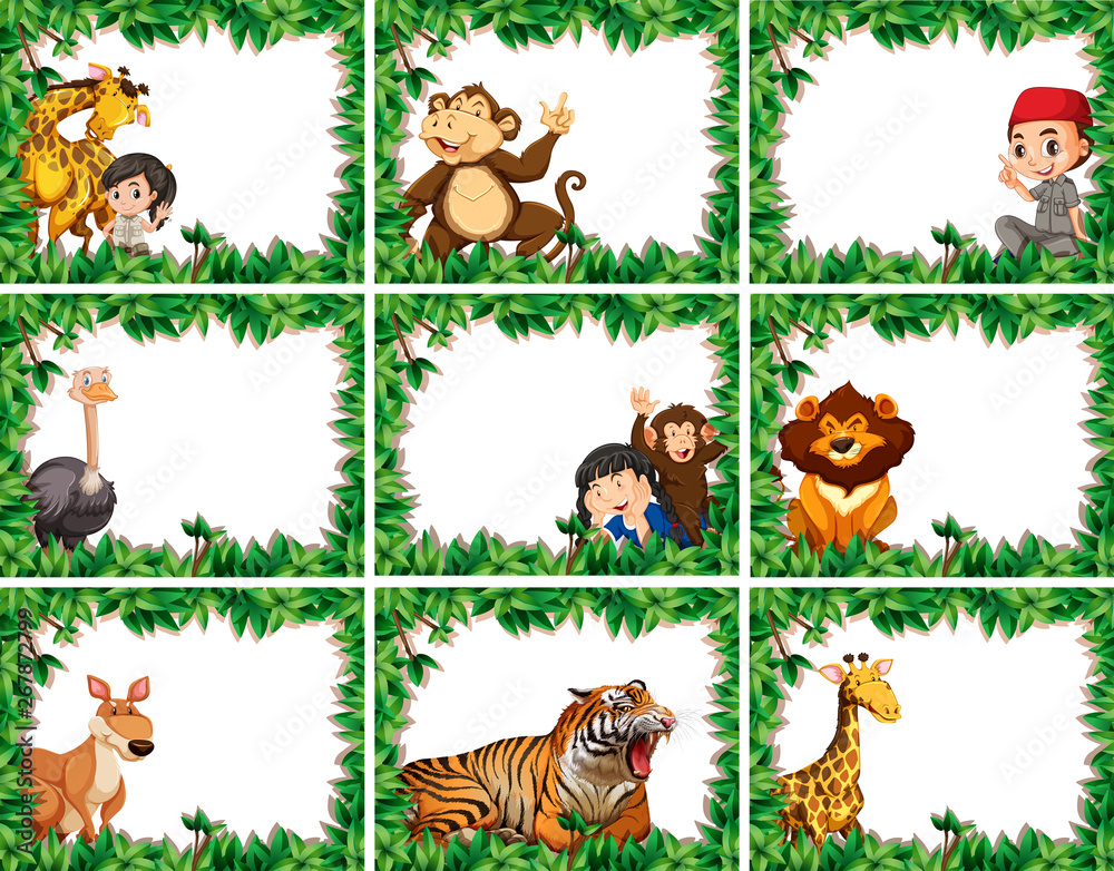 Fototapeta premium Set of wild animal on nature border