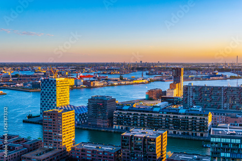 Sunset aerial view of Port of Rotterdam, Netherlands photo