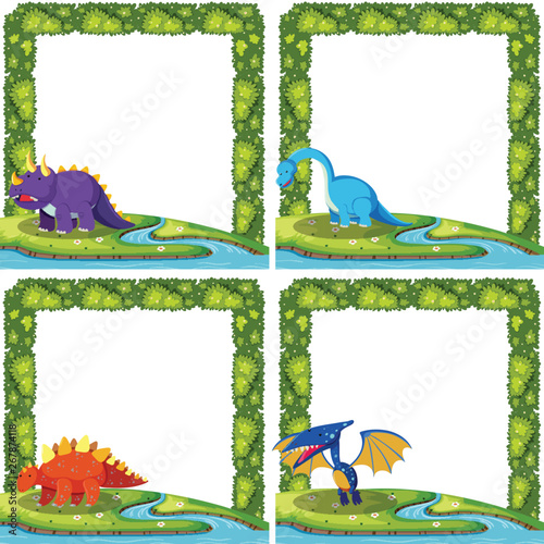 Set of dinosaur on border template