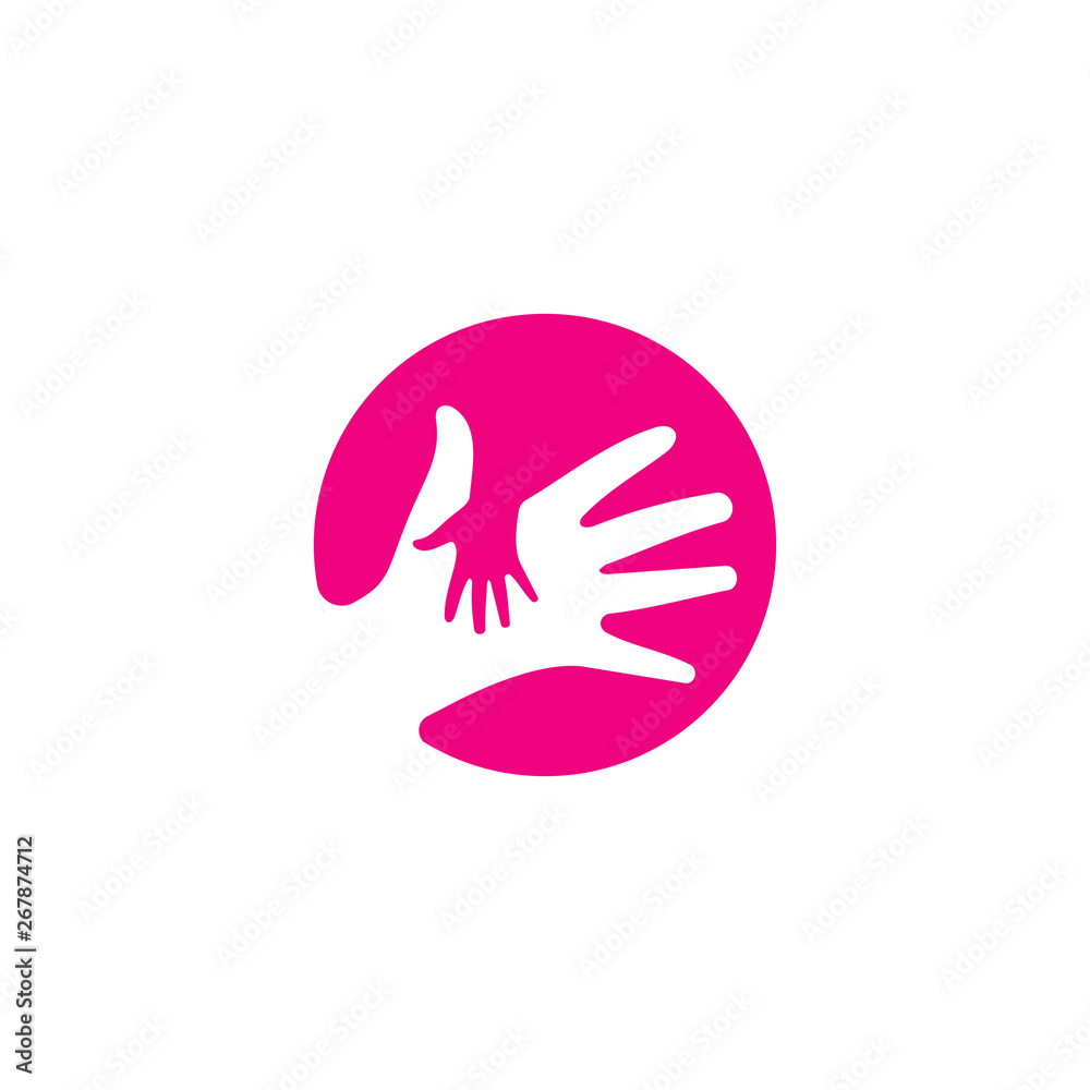 Child Care Logo, Little Hand Holding In Big Hand Silhouette In Pink Circle Background Child Care Logo, Little Hand Holding In Big Hand Silhouette In Pink Circle Background