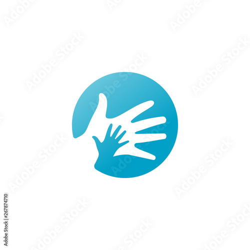 Child Care Logo, Little Hand Holding In Big Hand Silhouette In Blue Circle Background