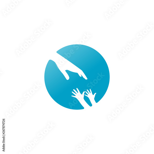 Child Care Logo  Little Hand Holding In Big Hand Silhouette In Blue Circle Background
