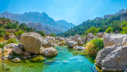 Billede på lærred Lagoon with turqoise water in Wadi Tiwi in Oman.