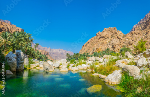 Lagoon with turqoise water in Wadi Tiwi in Oman. photo