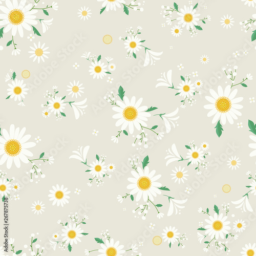 Seamless daisy floral pattern, Beautiful daisy floral, bloomy plant grass decor, illustration - Vector