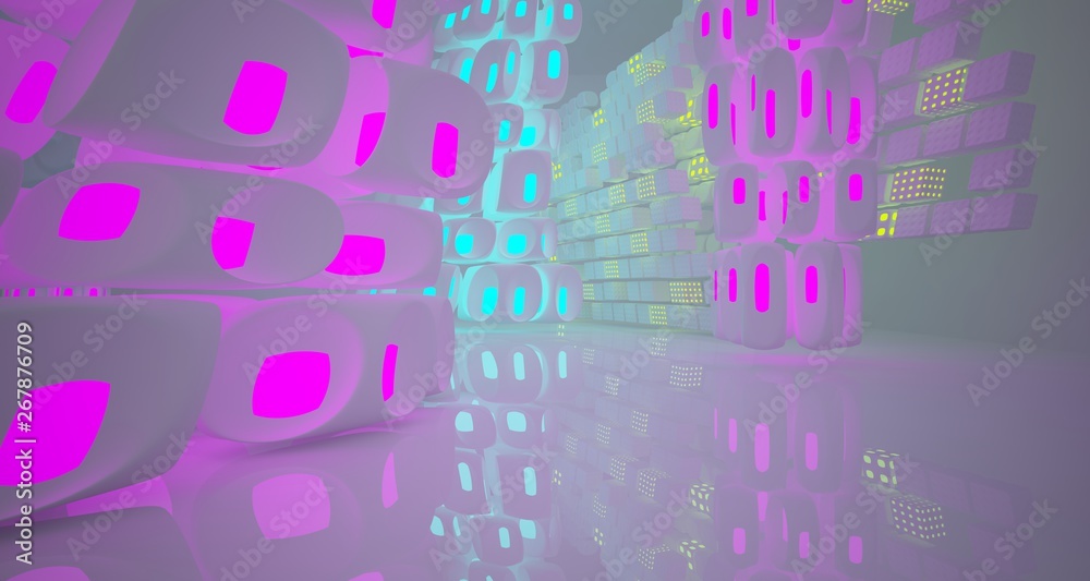 Obraz premium Abstract white Futuristic Sci-Fi interior With Pink, Blue And Green Glowing Neon Tubes . 3D illustration and rendering.