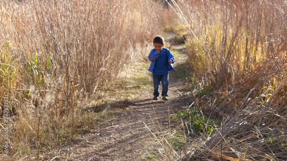 Slow motion of a boy walking along path in a nature preserve at sunset Slow motion of a boy walking along path in a nature preserve at sunset
