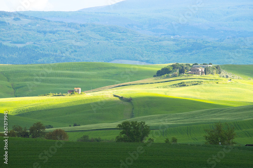 Val d'Orcia landscape in spring. Hills of Tuscany. Cypresses, hills, yellow rapeseed fields and green meadows. Val d'Orcia, Siena, Tuscany, Italy - May, 2019.