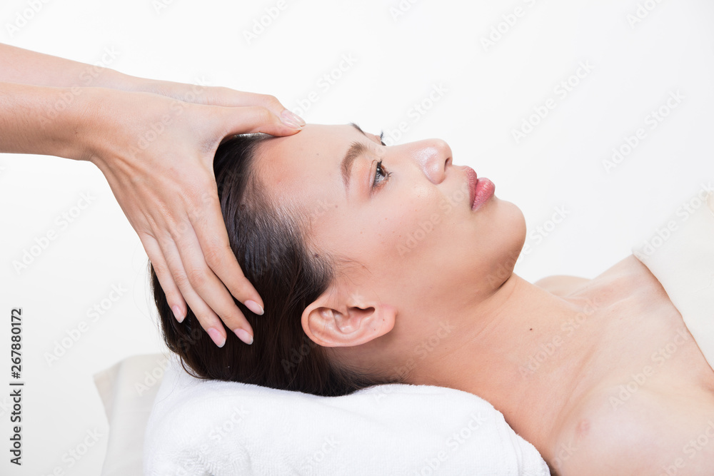 Ayurvedic Head Massage Therapy on facial forehead Master Chakra Point of Asian woman, Therapist Spa body woman hands treatment on customer to increase circulation release tension stress, isolated Ayurvedic Head Massage Therapy on facial forehead Master Chakra Point of Asian woman, Therapist Spa body woman hands treatment on customer to increase circulation release tension stress, isolated