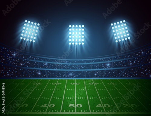 American football arena with bright stadium lights design. vector illustration