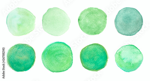 Circle shape design. Set of  green watercolor, Green circle watercolor hand drawn illustration on a white background, Organic concept
