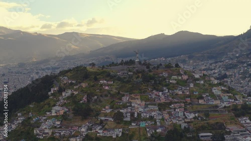 Panecillo Dowtonw Quito City Travelling Aerial View. Ecuador