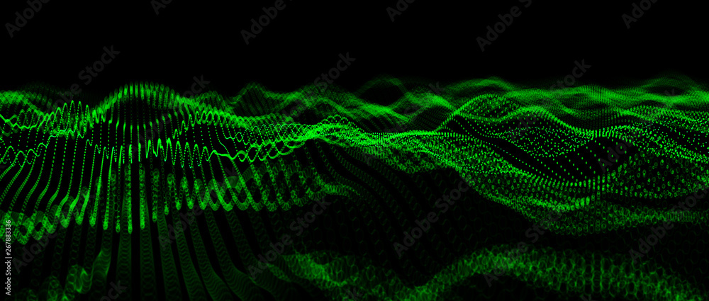 Abstract big data futuristic light wallpaper background design. Science dark pattern with structure mesh and circles. Modern business space dots illustration with bokeh. 3D render