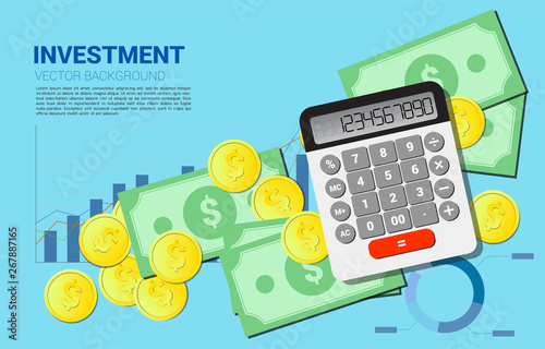 Vector Calculator with stack of coin and bank note top view. Concept for business information investment and accounting