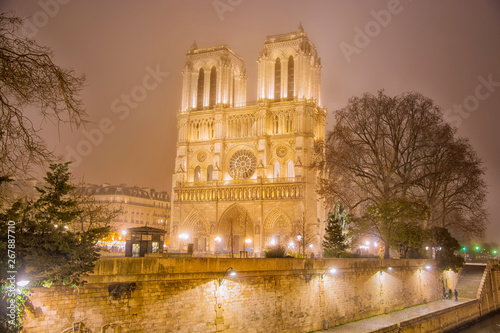 Notre Dame de Paris Cathedral at night, Paris, France