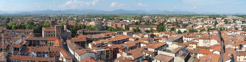 Fototapeta premium Urgnano, Bergamo, Italy. View of the village and the medieval castle from the top of the bell tower