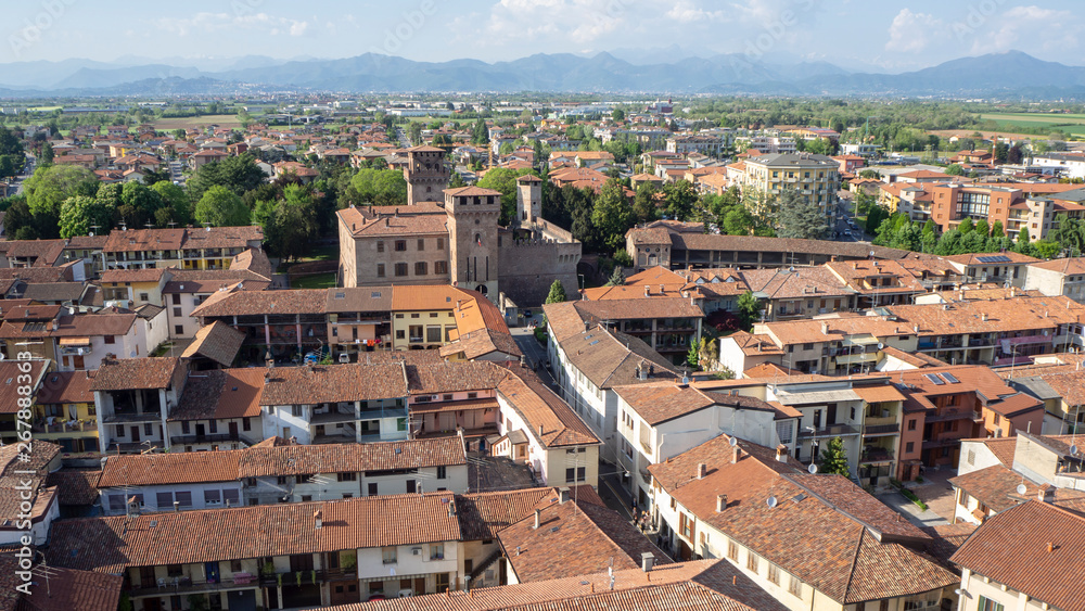 Urgnano, Bergamo, Italy. View of the village and the medieval castle from the top of the bell tower