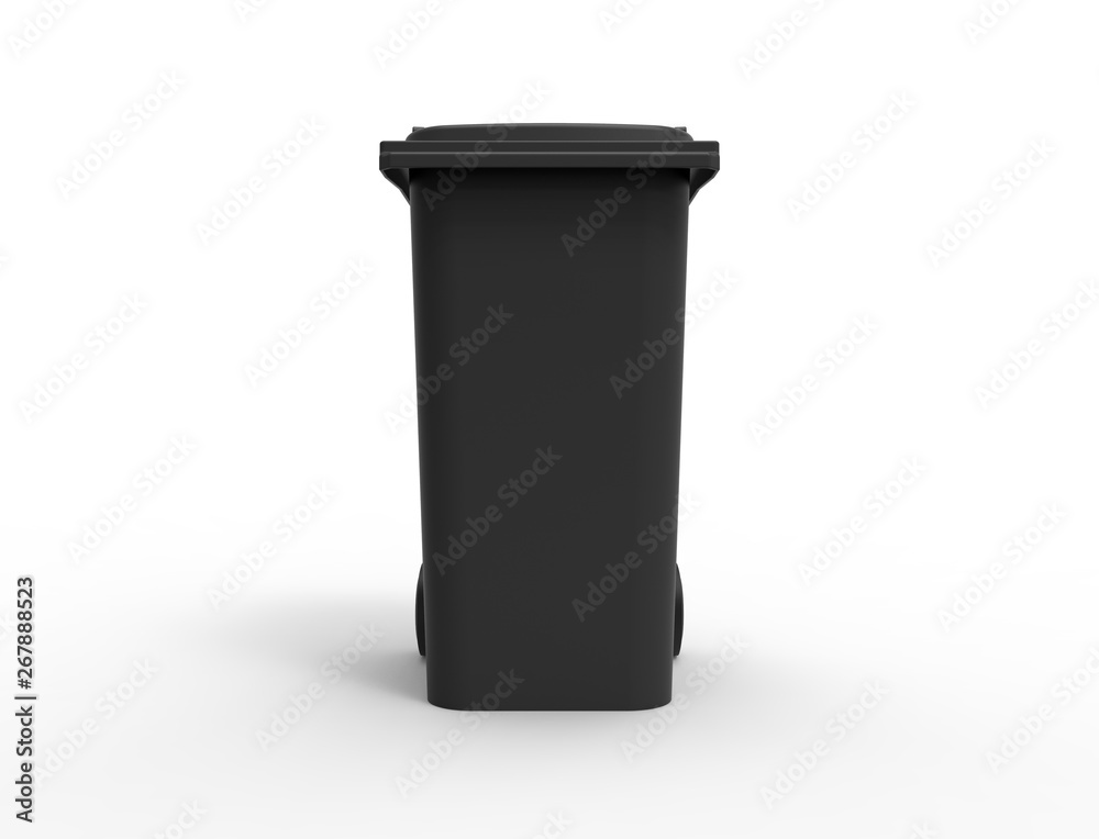 3D rendering of a black consumer trash waste bin container isolated in white studio background stimulating recycling. 3D rendering of a black consumer trash waste bin container isolated in white studio background stimulating recycling.