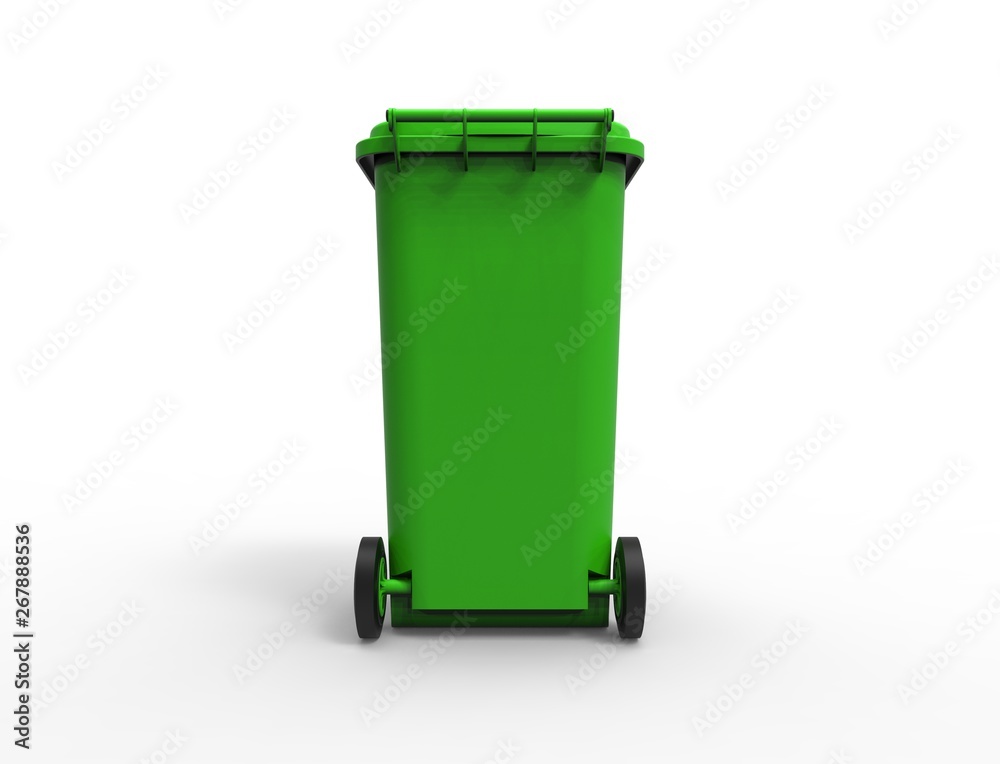 3D rendering of a green consumer trash waste bin container isolated in white studio background stimulating recycling