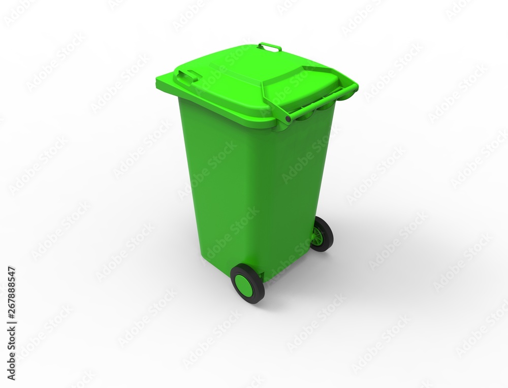 3D rendering of a green consumer trash waste bin container isolated in white studio background stimulating recycling 3D rendering of a green consumer trash waste bin container isolated in white studio background stimulating recycling